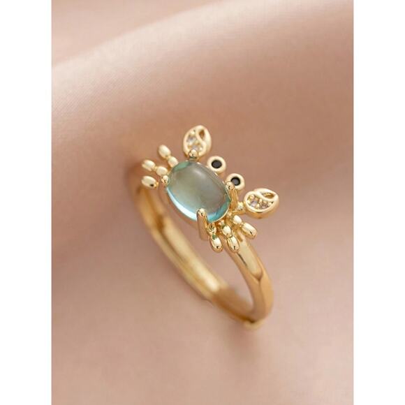 Gold Crab Ring with Blue Oval Gemstone–Adjustable Animal Design Crystal Accents - Picture 4 of 8
